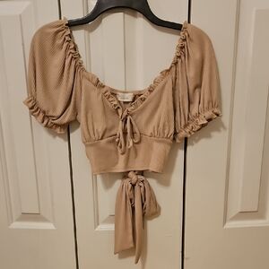 Elegant Tan Puff Sleeve Crop Top